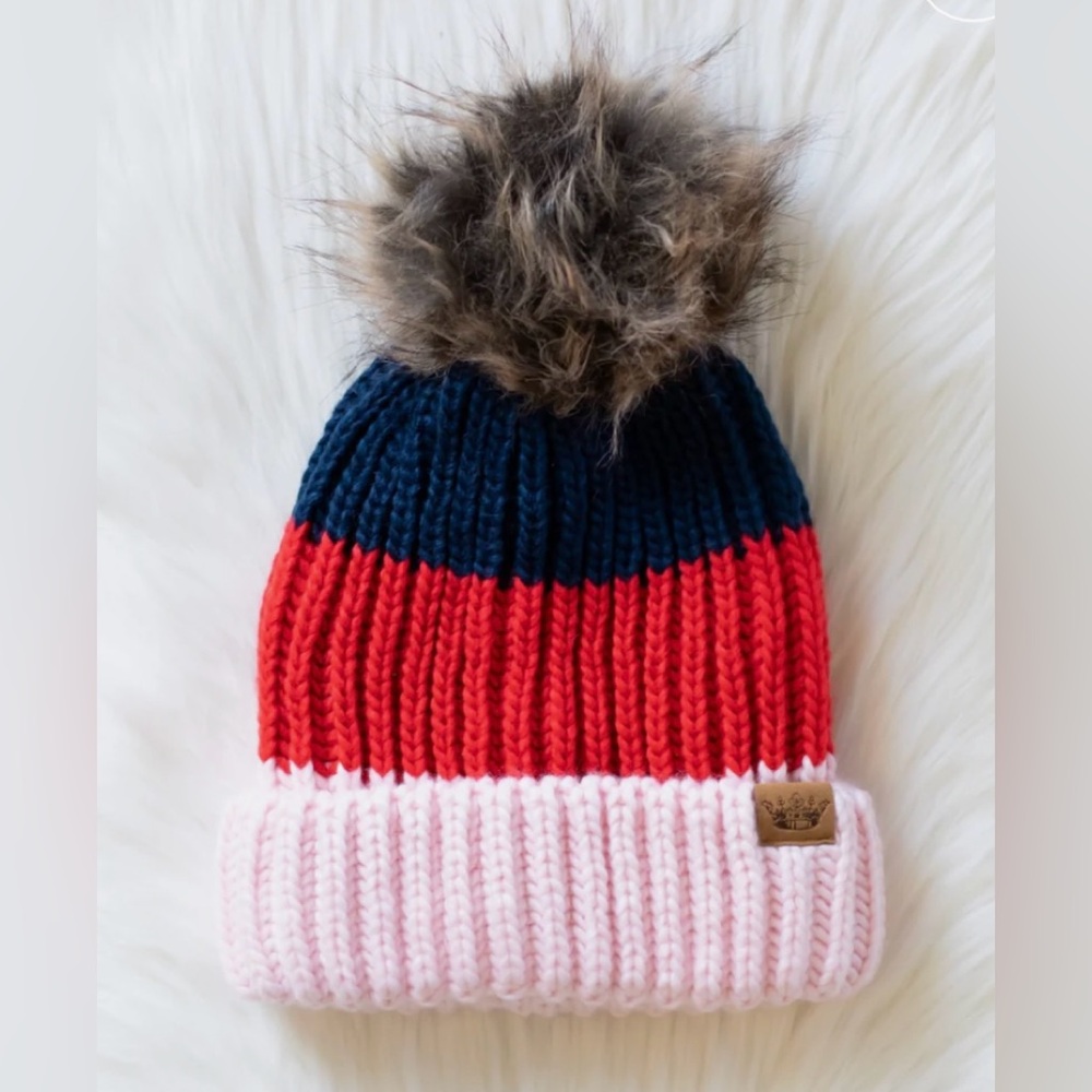 Colorblock Pom Beanie in Navy, Red & Pink. Fleece lined. New without tags